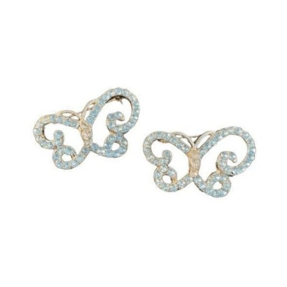 Vintage Rhinestone Butterfly Brooch Set Blue Clear Silver Tone Metal Pair Pin